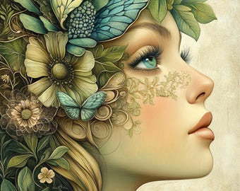 May include: A woman's face is partially obscured by a crown of green leaves, flowers, and butterflies. The woman has blue eyes and is looking to the right. The background is a light beige color.