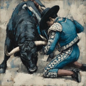 May include: Oil painting of a bullfight scene. A matador in a blue and white suit kneels near a large black bull. The bull has large white horns. The painting has a textured, impressionistic style with a neutral background.