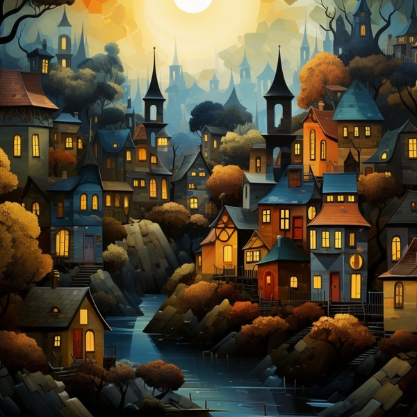 NINETEEN Whimsical Townscape Digital Art Print Colorful Fairytale Village Wall Decor Fantasy Landscape Painting Home Decoration Large Art