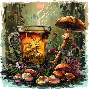 NINE Botanical Tea Digital Wall Art, Vintage-Inspired Kitchen Decor, Floral and Mushroom Illustration, Cozy Home Wall Hanging