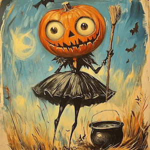 May include: A quirky Halloween painting of a pumpkin-headed character with a black dress and broom, set against a blue sky with bats and a cauldron. The artwork has a folk art style. The pumpkin-head has large eyes and a toothy grin. The painting is in a folk art style.