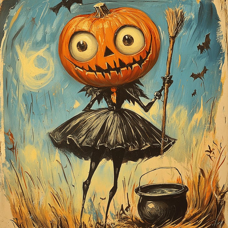May include: A quirky Halloween painting of a pumpkin-headed character with a black dress and broom, set against a blue sky with bats and a cauldron. The artwork has a folk art style. The pumpkin-head has large eyes and a toothy grin. The painting is in a folk art style.