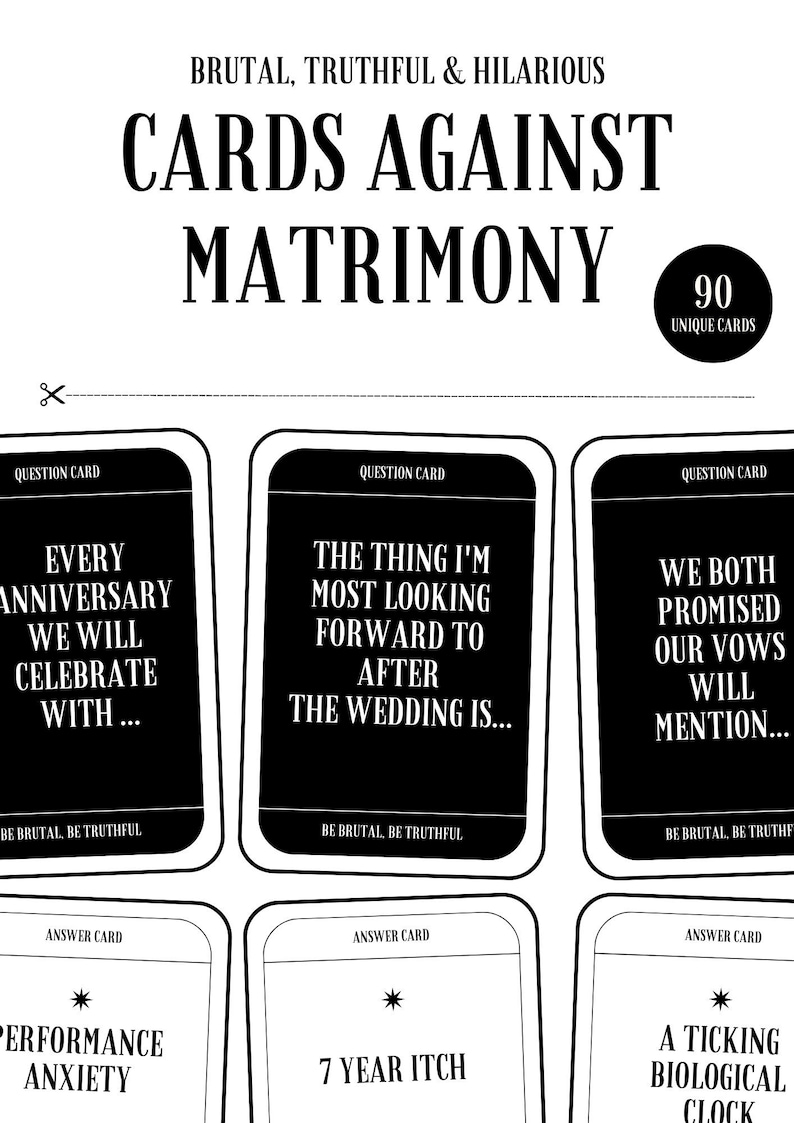 K&ouml;nnte beinhalten: Ein Kartenspiel namens "Cards Against Matrimony" mit 90 Karten. Die Karten sind schwarz mit wei&szlig;em Text. Der Text auf den Karten enth&auml;lt S&auml;tze wie "Jeden Jahrestag feiern wir mit..." und "Das, worauf ich mich nach der Hochzeit am meisten freue, ist..."