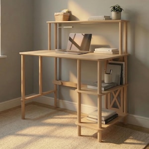 Peut inclure: Un bureau en bois clair avec une bibliothèque intégrée et une étagère supérieure. Un ordinateur portable est posé sur le bureau, et des livres et une petite plante sont sur les étagères. Le bureau est dans une pièce avec une fenêtre.
