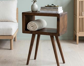 Solid Wood Nightstand: Mid-Century Modern Bedside Table with Open Storage