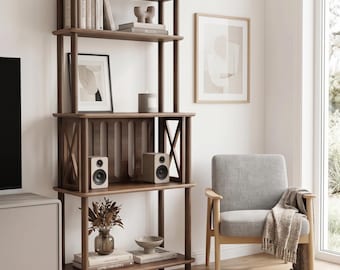 Tall Wooden Bookcase, Mid Century Modern Display Shelf, Large Media Console Tower, Geometric Audio Rack, Multifunctional Accent Bookshelf