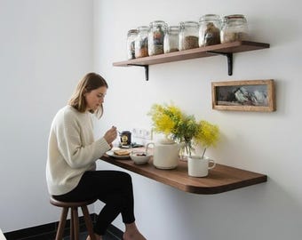 Solid Pine Wall Mounted Bar Table, Walnut Tone Floating Desk, Handmade Wood Console Shelf