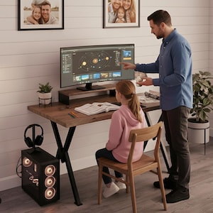 May include: A home office setup featuring a wooden desk with a computer monitor displaying a solar system diagram. A person points at the screen while another person sits at the desk. A computer tower and headphones are visible.