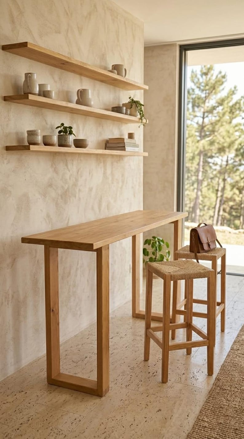 May include: A wooden bar table and two stools with woven seats. The table has a rectangular top and square legs. The stools are beside the table. Three wooden shelves on the wall hold pottery and plants. The table is approximately 150 cm long.