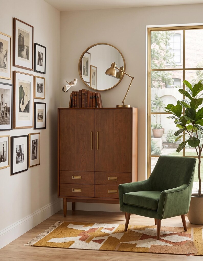 Op de afbeelding: Een moderne woonkamer met een houten kast, een groene fluwelen fauteuil en een patroonkleed. Een ronde gouden spiegel en een messing bureaulamp staan op de kast. Ingelijste kunstwerken sieren de muur en een potplant voegt groen toe.