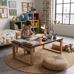 Op de afbeelding: Kinderslaapkamer met een lage houten tafel, boeken en een laptop. Een rond jute vloerkleed ligt op de vloer, met twee geweven poefs en knuffels in de buurt. Kleurrijke kunstwerken en opbergkubussen sieren de muren.