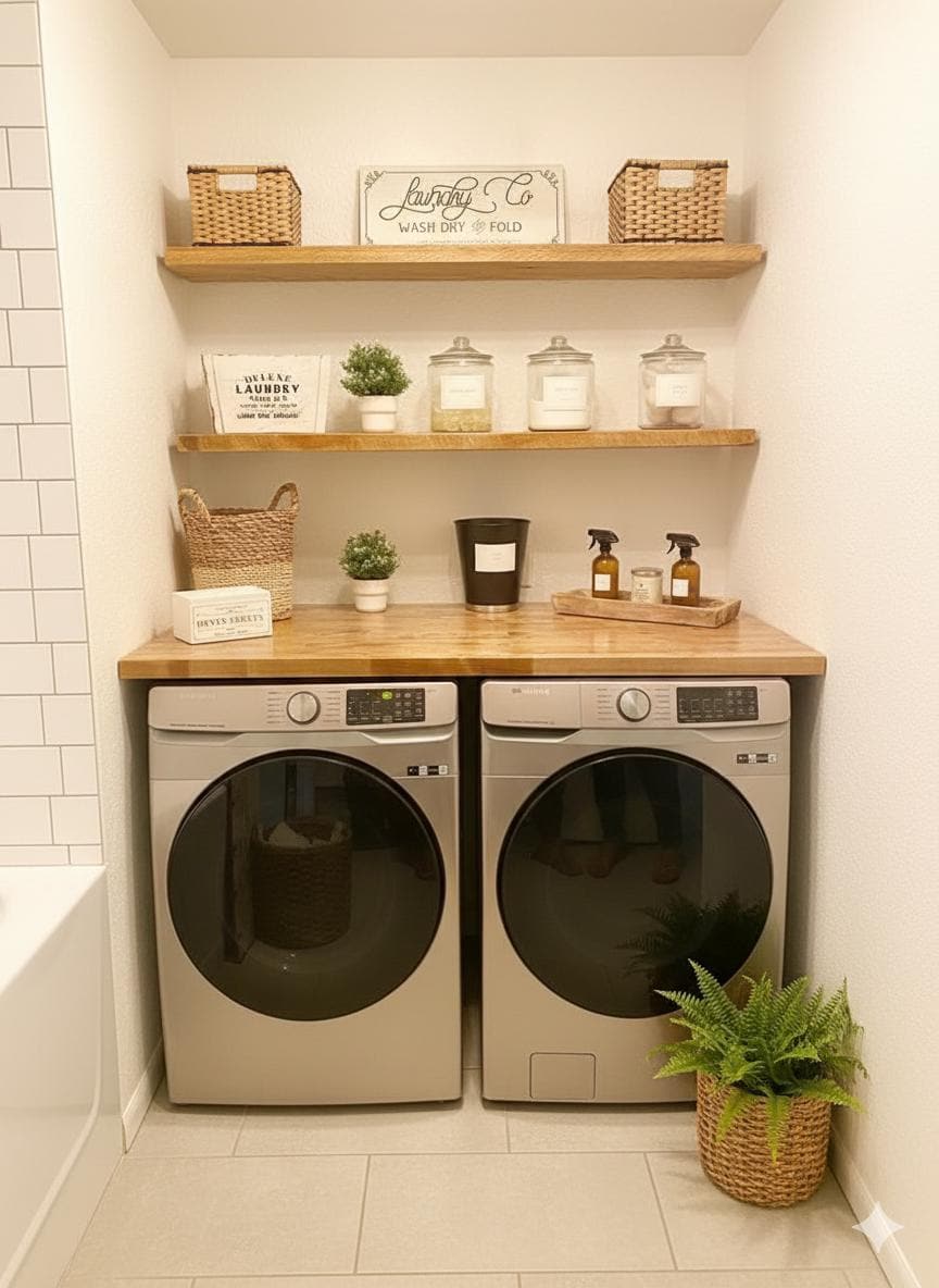 Solid Wood Laundry Room Shelf Set, Rustic Farmhouse Washer Dryer Topper