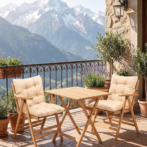 Wooden Bistro Set for Small Balcony, 3 Piece Folding Garden Table and Chairs with Cushions, 60x80cm Outdoor Patio Furniture for Terrace