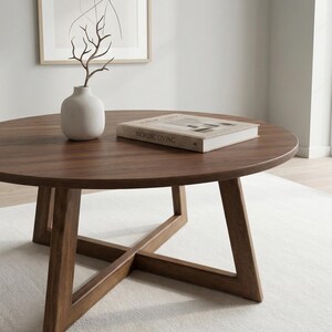 May include: A round wooden coffee table with a dark brown finish and a cross-legged base. On the table sits a small, light-colored ceramic vase containing a bare branch and a book with the text NORDIC LIVING on the cover.