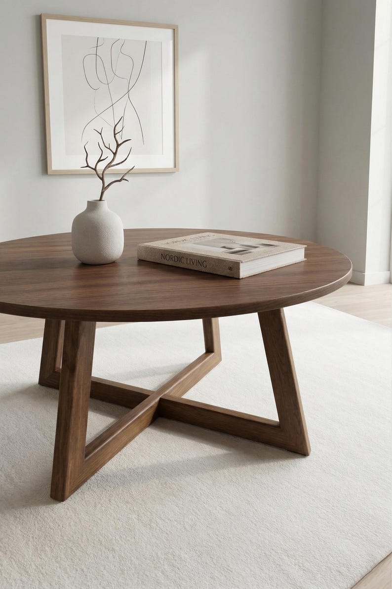 May include: A round wooden coffee table with a dark brown finish and a cross-legged base. On the table sits a small, light-colored ceramic vase containing a bare branch and a book with the text NORDIC LIVING on the cover.