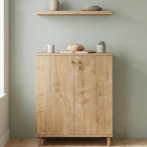 Puede incluir: Un mueble de madera clara con dos puertas, una estanter&iacute;a y una peque&ntilde;a alfombra. El mueble tiene un acabado de veta de madera natural y se apoya sobre patas cortas. Un pan, una taza y una peque&ntilde;a planta est&aacute;n encima.