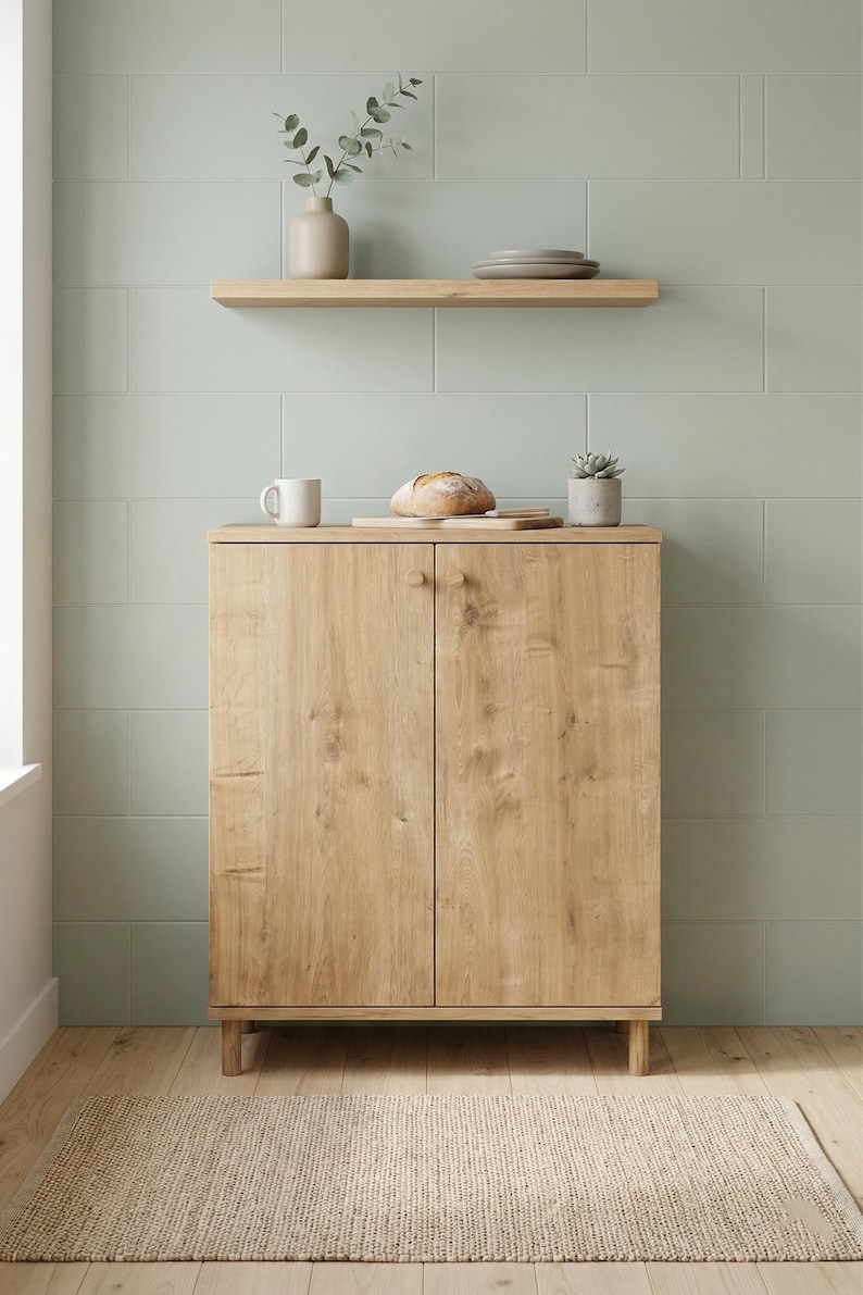 Puede incluir: Un mueble de madera clara con dos puertas, una estanter&iacute;a y una peque&ntilde;a alfombra. El mueble tiene un acabado de veta de madera natural y se apoya sobre patas cortas. Un pan, una taza y una peque&ntilde;a planta est&aacute;n encima.