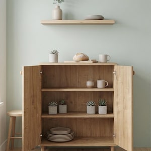 Puede incluir: Un armario de madera clara con puertas abiertas, que muestra estantes con varios objetos. Los estantes contienen peque&ntilde;as suculentas en macetas, platos, tazas y una barra de pan. Una estanter&iacute;a de madera encima contiene un jarr&oacute;n con vegetaci&oacute;n y platos.