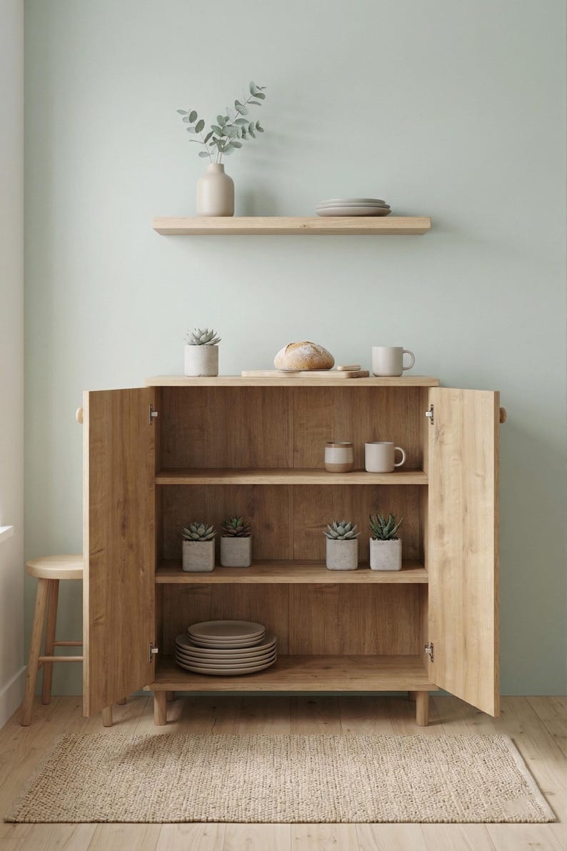 Puede incluir: Un armario de madera clara con puertas abiertas, que muestra estantes con varios objetos. Los estantes contienen peque&ntilde;as suculentas en macetas, platos, tazas y una barra de pan. Una estanter&iacute;a de madera encima contiene un jarr&oacute;n con vegetaci&oacute;n y platos.