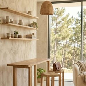 May include: A light wood bar table and two matching stools are featured in a well-lit room. A woven pendant light hangs above. The room has a neutral colour palette with wooden shelves and a large window overlooking a forest.