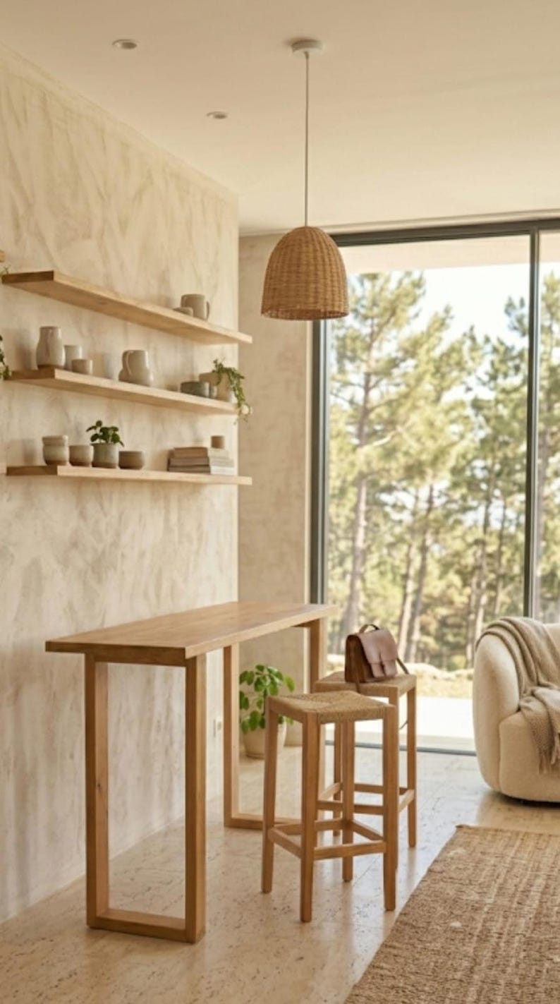 May include: A light wood bar table and two matching stools are featured in a well-lit room. A woven pendant light hangs above. The room has a neutral colour palette with wooden shelves and a large window overlooking a forest.