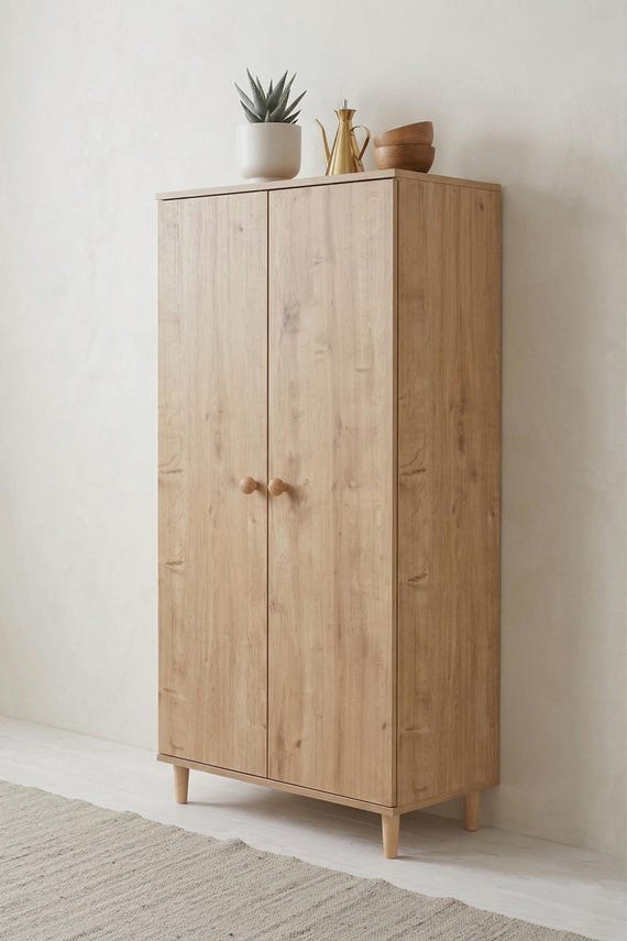 Tall Nordic Style Storage Cabinet with 5 Shelves, Double Doors