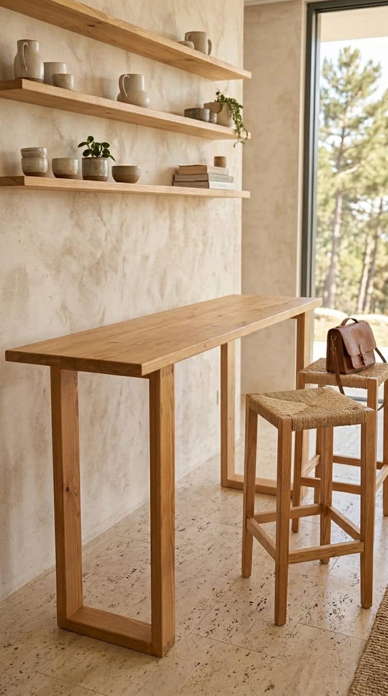 May include: A light oak bar table with a rectangular top and four square legs. Two matching bar stools with woven seats are in front of the table. The room has wooden shelves with decorative items.