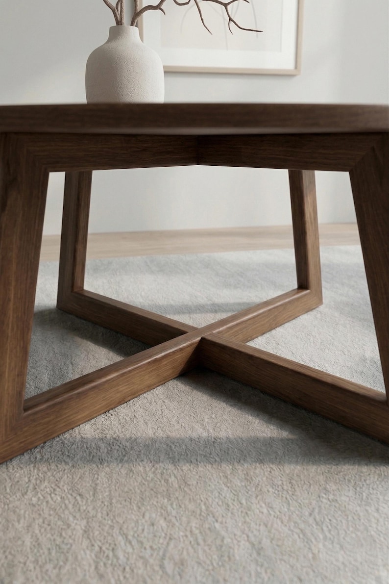 May include: A low-angle view of a wooden coffee table with a geometric base. The table has a dark brown finish and a square top. The base features an X-shaped design, with the legs intersecting in the center. A vase with branches is on top.