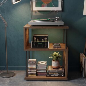 May include: A wooden shelving unit with a turntable, amplifier, CDs, and books. A framed geometric art print hangs above the turntable. A small potted plant and a floor lamp are also visible.