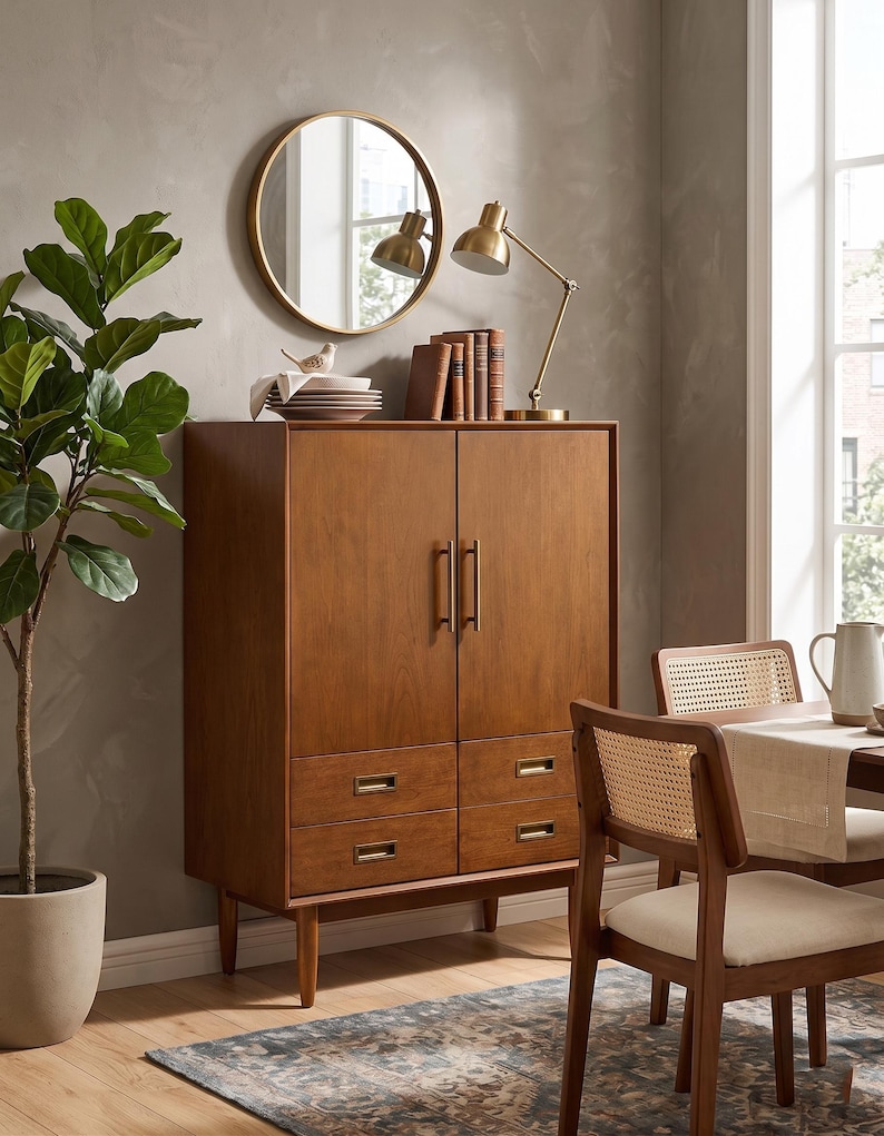 Op de afbeelding: Een houten kast in mid-century modern stijl, met twee deuren en vier laden met messing handgrepen. Een goudomrande spiegel en een messing bureaulamp staan erop. De kast maakt deel uit van een eetkamer met stoelen en een tapijt.