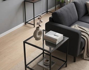 Glass End Table for Sofa, 2 Tier Metal Side Table, Minimalist Couch Accent Desk, Modern Glass Nightstand, Compact Living Room Shelf
