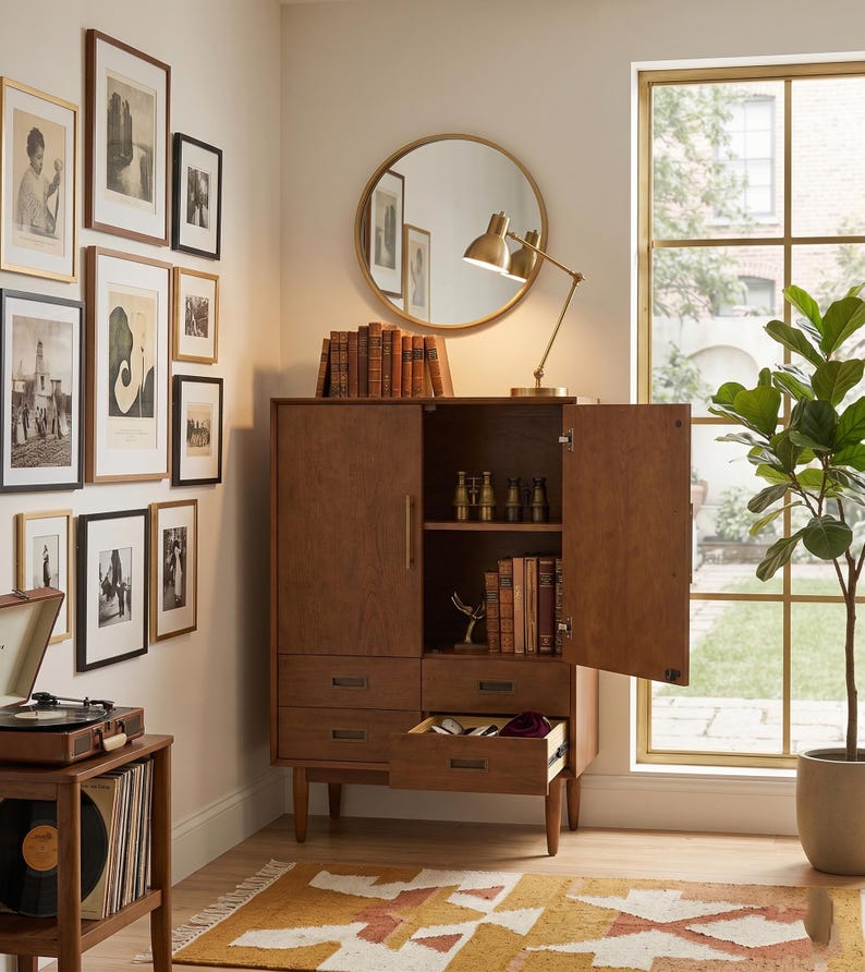 Op de afbeelding: Een houten kast in mid-century modern stijl met laden en deuren, waarvan &eacute;&eacute;n open is. Een goudkleurige bureaulamp en een ronde spiegel staan erop. Een verzameling ingelijste kunst en een platenspeler zijn ook zichtbaar.