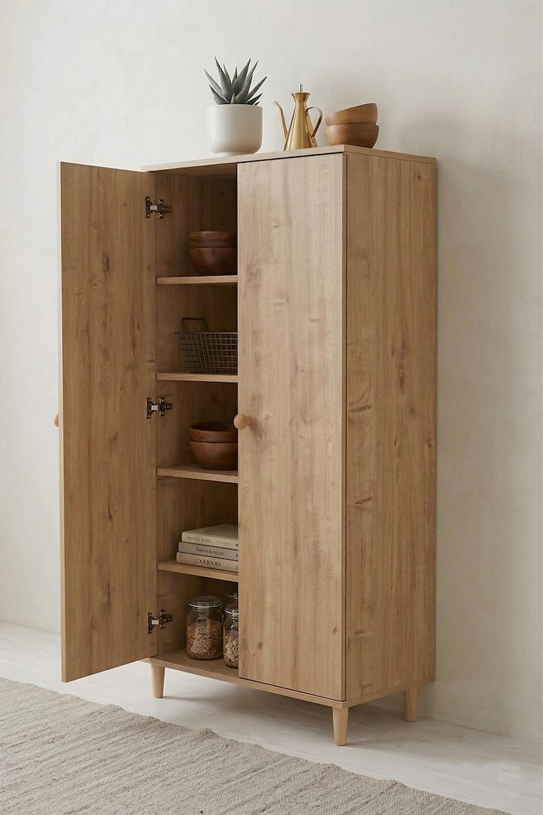 May include: A light-colored wooden cabinet with two doors, one open to reveal shelves holding bowls, a wire basket, books, and jars. A small plant in a white pot and decorative items sit on top. The cabinet is on short legs.