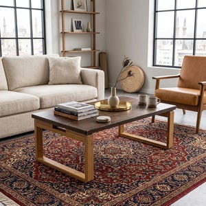 May include: A living room scene featuring a beige sofa, a brown wooden coffee table, and a tan leather armchair. The coffee table holds books, a gold tray, and mugs. A patterned rug in red, blue, and beige covers the floor.