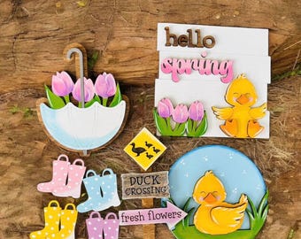 Spring Duck Tulips Tiered Tray Set