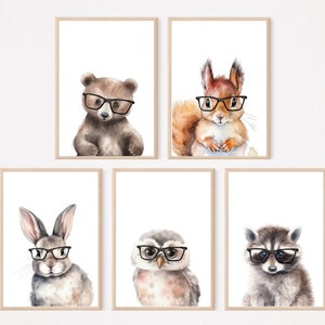 Animals with Glasses Nursery Wall Art / Gender Neutral Nursery Animals Wall Art / Animal Nursery Art / Watercolor Nursery Animals Wall Art