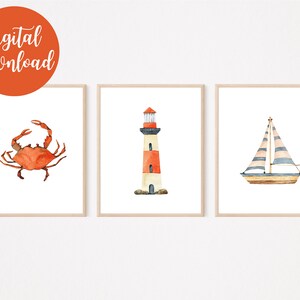 Nautical Wall Art Prints / Set of 5 Watercolor Nautical Theme Wall Art / Kids Room Nautical Wall Art Print