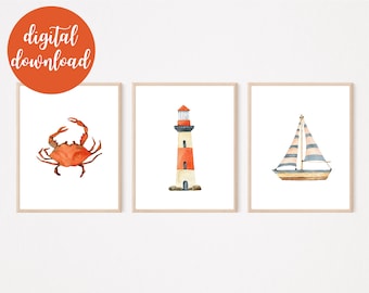 Nautical Wall Art Prints / Set of 5 Watercolor Nautical Theme Wall Art / Kids Room Nautical Wall Art Print
