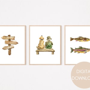 Fishing Wall Art Prints / Set of 4 Watercolor Fishing Theme Wall Art / Kids Room Nautical Wall Art Print / Baby Boy Nursery Theme