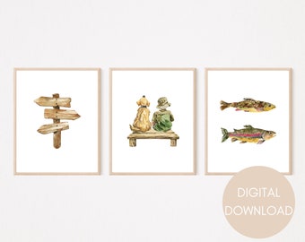 Fishing Wall Art Prints / Set of 4 Watercolor Fishing Theme Wall Art / Kids Room Nautical Wall Art Print / Baby Boy Nursery Theme