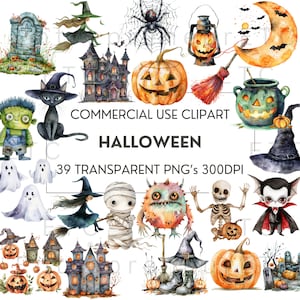 Halloween Watercolor Clipart, 39 PNG Clip Art Cute Spooky Images, Witch, Ghost, Pumpkin, Haunted House, Monster, Scrapbooks, Commercial Use