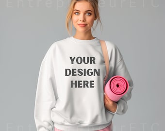 Gildan 18000 Mockup, Gildan White Sweatshirt Mockup, Yoga Mock Up, Sweatshirt Model Mockup, White Gildan Crewneck Mockups, Digital Download