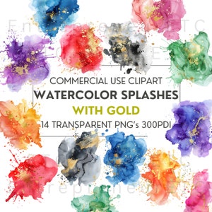 Imágenes prediseñadas de salpicaduras de acuarela con salpicaduras de oro, paquete de 14 PNG, imágenes prediseñadas de salpicaduras de pintura, imágenes prediseñadas abstractas, tinta, fondo transparente