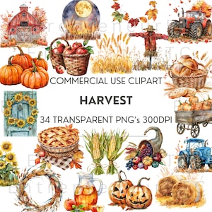 Clipart acquerello raccolto, 34 PNG Clip Art, autunno, trattori, zucche, torta di mele, scrapbooking, decorazioni, calendari, uso commerciale