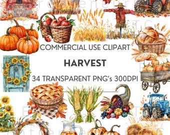 Puede incluir: Un conjunto de 34 ilustraciones de acuarela con temas de cosecha de otoño. Las ilustraciones incluyen calabazas, un granero, un espantapájaros, un pastel, maíz, una cornucopia, pacas de heno, un tractor, una corona de girasol y más.  COMMERCIAL USE CLIPART HARVEST 34 TRANSPARENT PNG's 300DPI