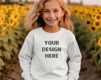 Girls White Sweatshirt Mockup, Youth Gildan 18000B White Crewneck Mockup, Kids Gildan Sweatshirt Mockup, Girl Mock up, Digital Download