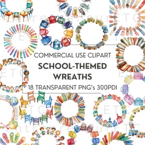 Schule Themen Aquarell Kranz Clipart, 18 PNG, Klassenzimmer Dekor, Pinnwände, Poster, Für Lehrer, Schulanfang, kommerzielle Nutzung