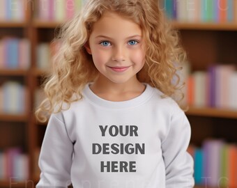 Kids Gildan 18000B Sweatshirt Mockup, White, Youth Crewneck Sweatshirt Mockup, Children’s Mock Up, Girl Mock up, Digital Download