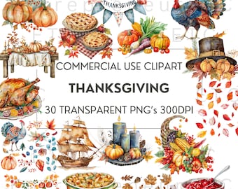 Thanksgiving Watercolor Clipart, 30 PNG Images, Autumn, Fall, Thanks giving Turkey Pumpkins, Decor, Cardmaking, Calendars, Commercial Use