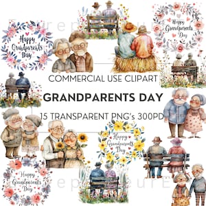 Clipart del Día de los Abuelos en Acuarela, Paquete de Clip Art del Feliz Día de los Abuelos, 15 PNG, Coronas Florales, Uso Comercial, Fondo Transparente